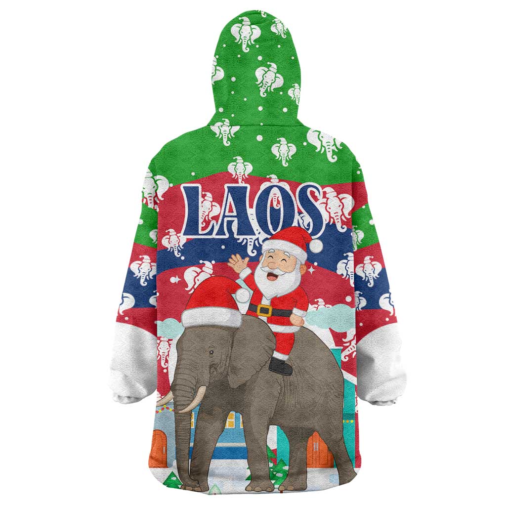Laos Christmas Wearable Blanket Hoodie with Santa Riding Elephant and Festive Flag Pattern - Wonder Print Shop