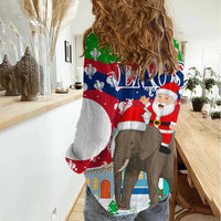 Laos Christmas Women Casual Shirt with Santa Riding Elephant and Festive Flag Pattern - Wonder Print Shop