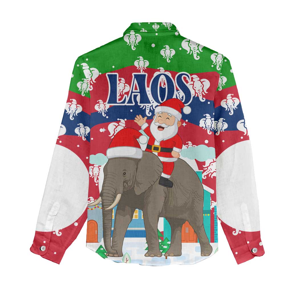 Laos Christmas Women Casual Shirt with Santa Riding Elephant and Festive Flag Pattern - Wonder Print Shop