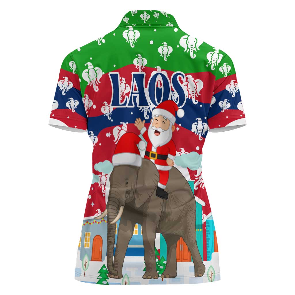 Laos Christmas Women Polo Shirt with Santa Riding Elephant and Festive Flag Pattern - Wonder Print Shop