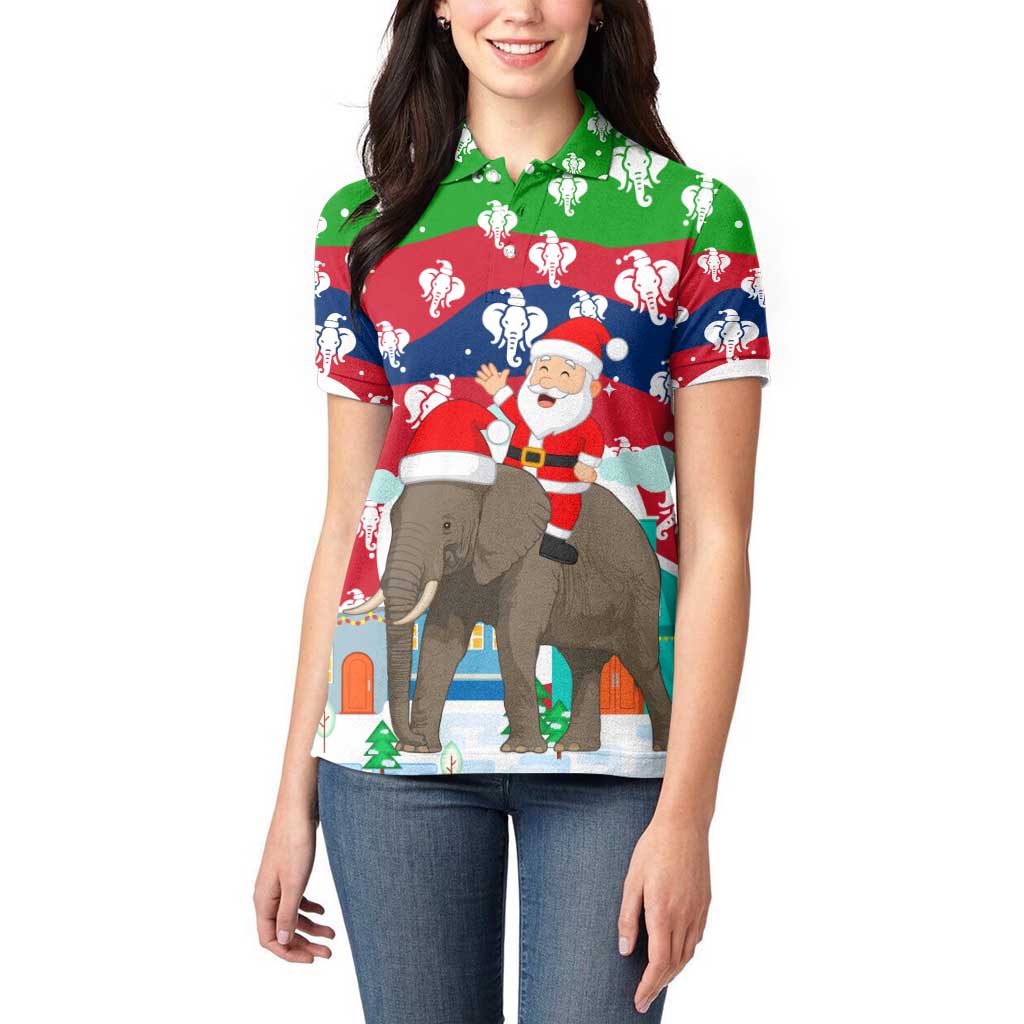 Laos Christmas Women Polo Shirt with Santa Riding Elephant and Festive Flag Pattern - Wonder Print Shop