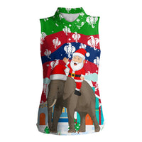 Laos Christmas Women Sleeveless Polo Shirt with Santa Riding Elephant and Festive Flag Pattern - Wonder Print Shop