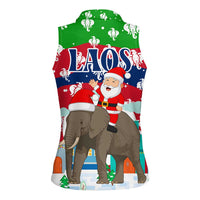 Laos Christmas Women Sleeveless Polo Shirt with Santa Riding Elephant and Festive Flag Pattern - Wonder Print Shop