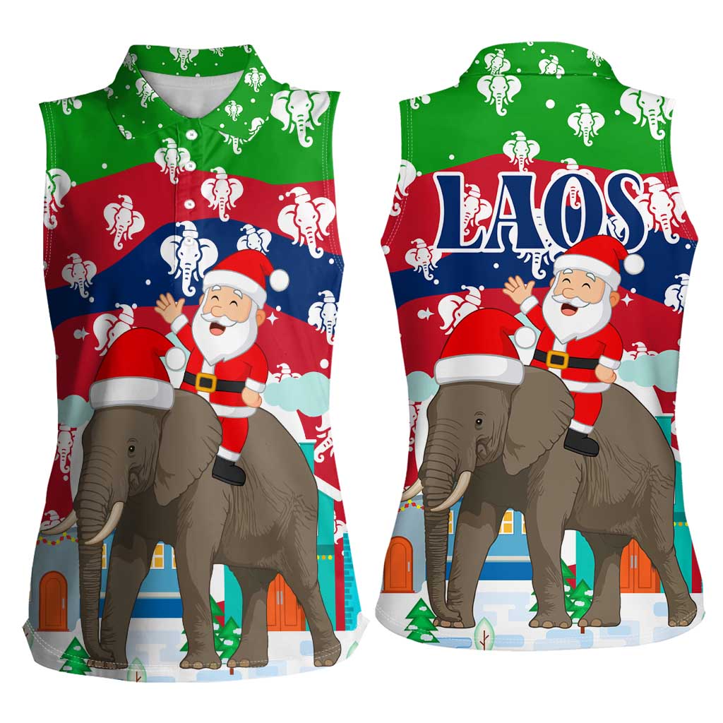 Laos Christmas Women Sleeveless Polo Shirt with Santa Riding Elephant and Festive Flag Pattern - Wonder Print Shop