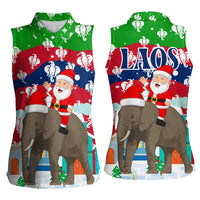 Laos Christmas Women Sleeveless Polo Shirt with Santa Riding Elephant and Festive Flag Pattern - Wonder Print Shop