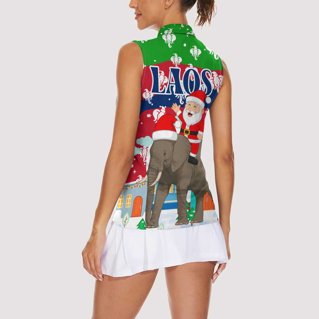 Laos Christmas Women Sleeveless Polo Shirt with Santa Riding Elephant and Festive Flag Pattern - Wonder Print Shop