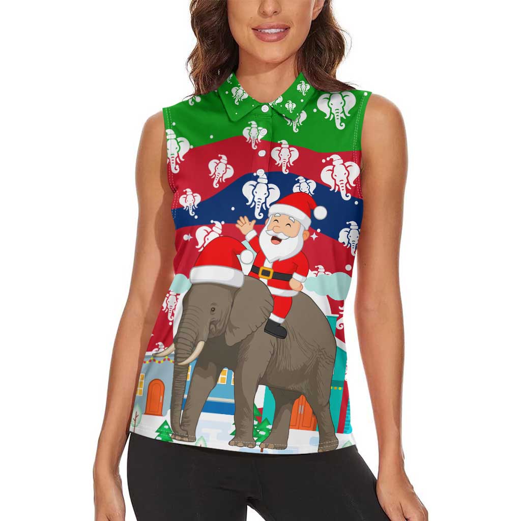 Laos Christmas Women Sleeveless Polo Shirt with Santa Riding Elephant and Festive Flag Pattern - Wonder Print Shop