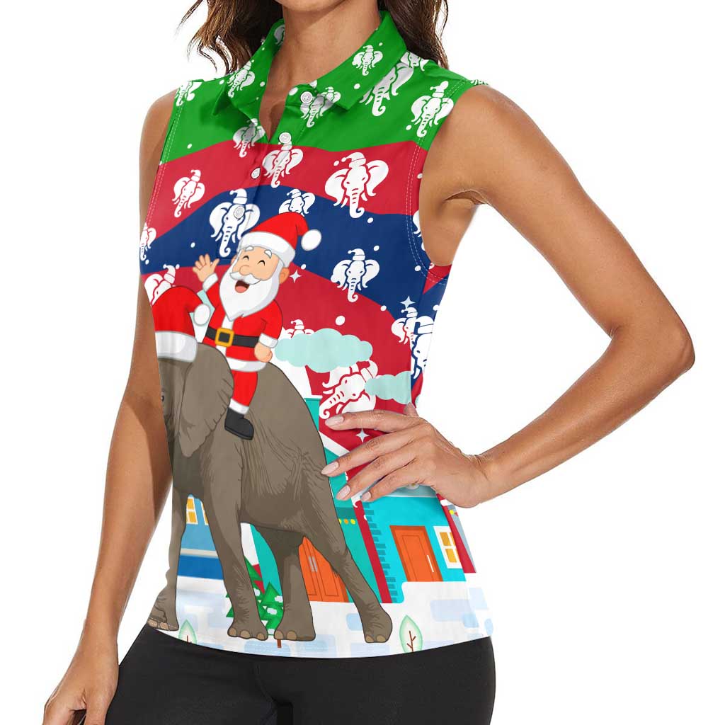 Laos Christmas Women Sleeveless Polo Shirt with Santa Riding Elephant and Festive Flag Pattern - Wonder Print Shop