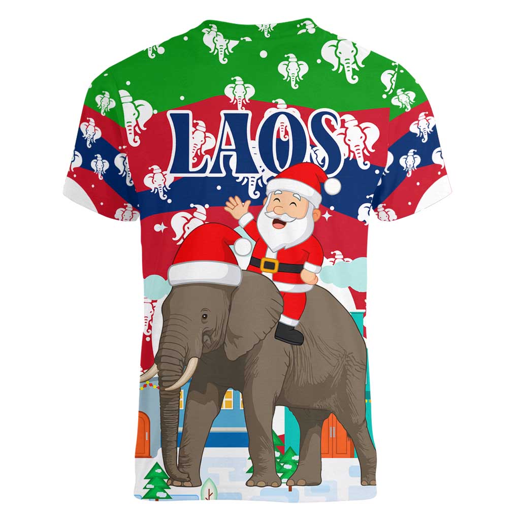 Laos Christmas Women V-Neck T-Shirt with Santa Riding Elephant and Festive Flag Pattern - Wonder Print Shop