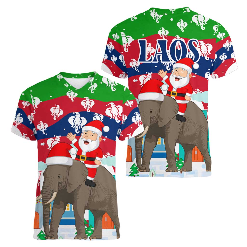 Laos Christmas Women V-Neck T-Shirt with Santa Riding Elephant and Festive Flag Pattern - Wonder Print Shop