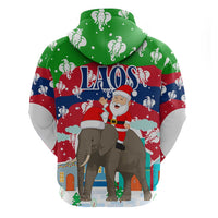 Laos Christmas Zip Hoodie with Santa Riding Elephant and Festive Flag Pattern - Wonder Print Shop