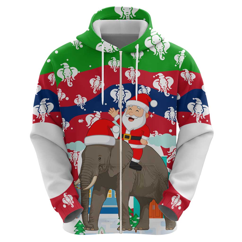 Laos Christmas Zip Hoodie with Santa Riding Elephant and Festive Flag Pattern - Wonder Print Shop
