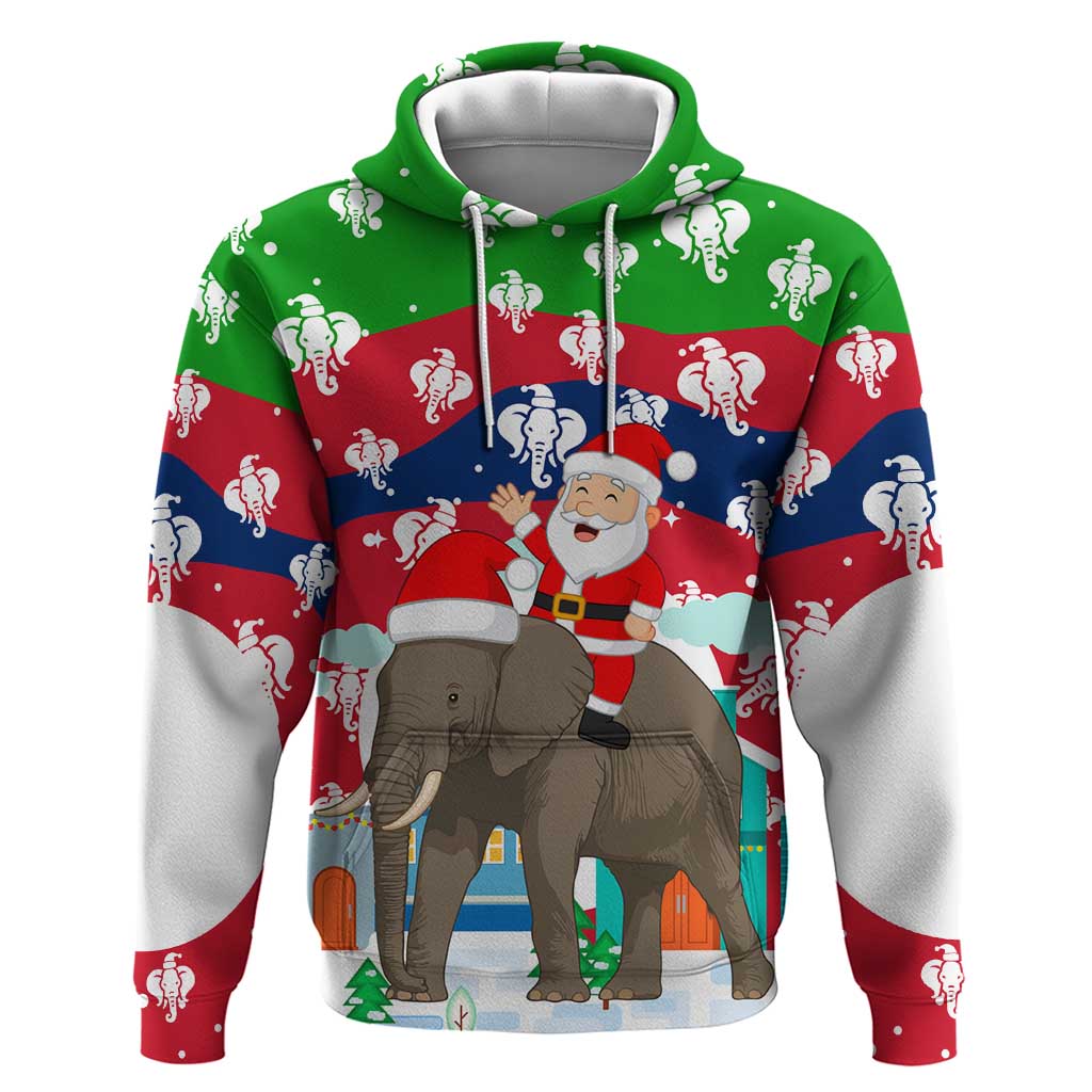 Laos Christmas Zip Hoodie with Santa Riding Elephant and Festive Flag Pattern - Wonder Print Shop