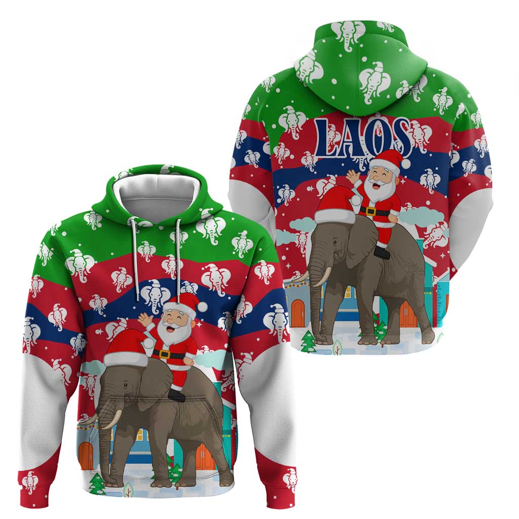 Laos Christmas Zip Hoodie with Santa Riding Elephant and Festive Flag Pattern - Wonder Print Shop