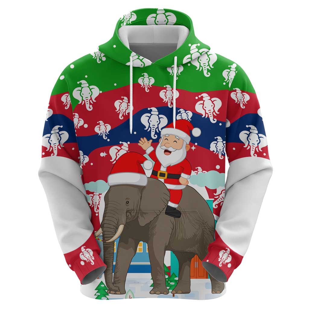 Laos Christmas Zip Hoodie with Santa Riding Elephant and Festive Flag Pattern - Wonder Print Shop