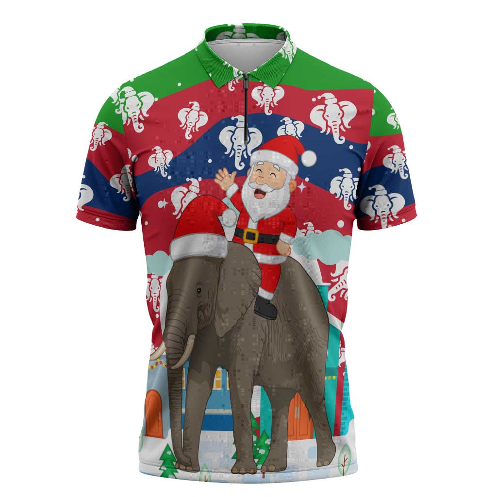 Laos Christmas Zipper Polo Shirt with Santa Riding Elephant and Festive Flag Pattern - Wonder Print Shop