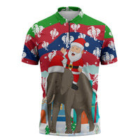Laos Christmas Zipper Polo Shirt with Santa Riding Elephant and Festive Flag Pattern - Wonder Print Shop