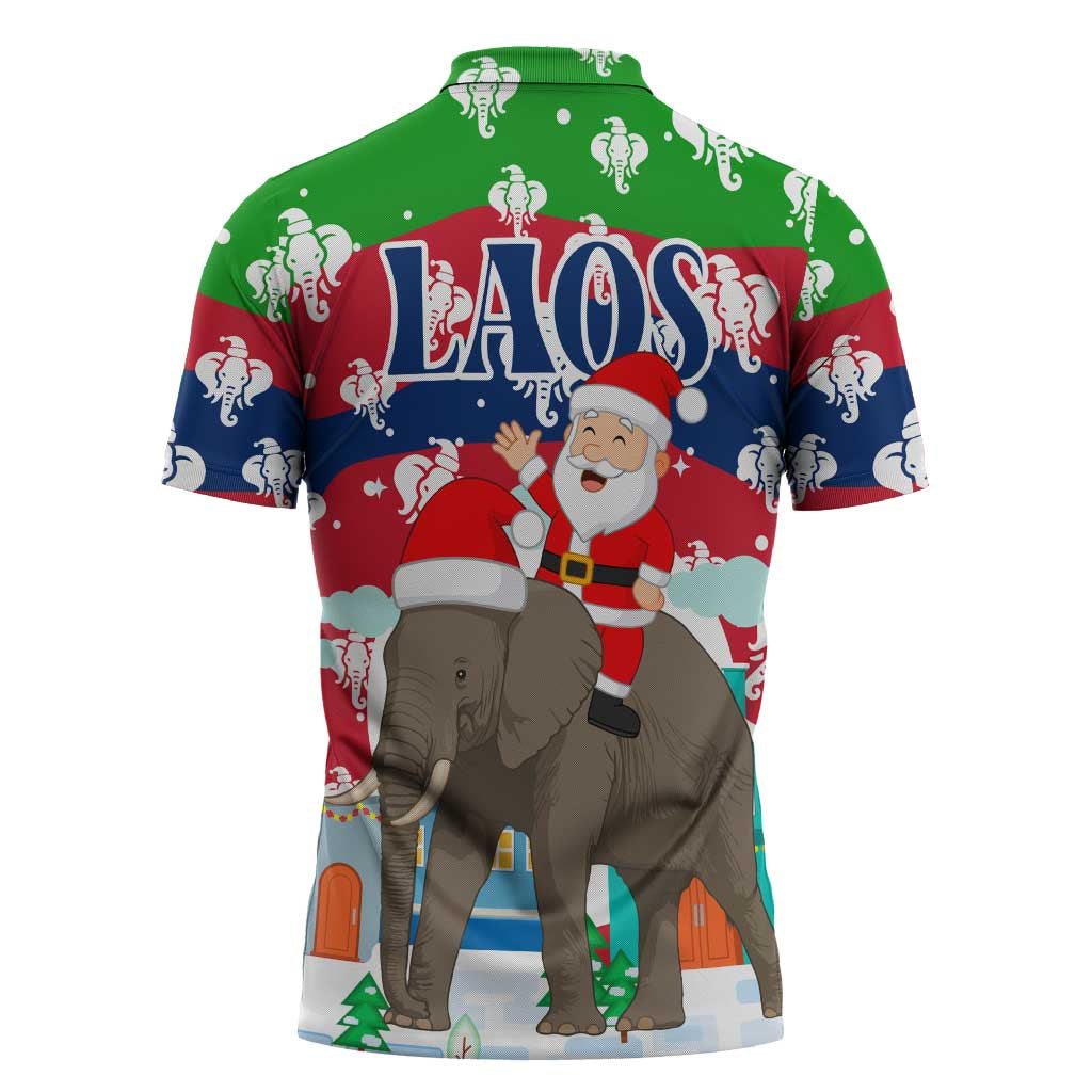 Laos Christmas Zipper Polo Shirt with Santa Riding Elephant and Festive Flag Pattern - Wonder Print Shop