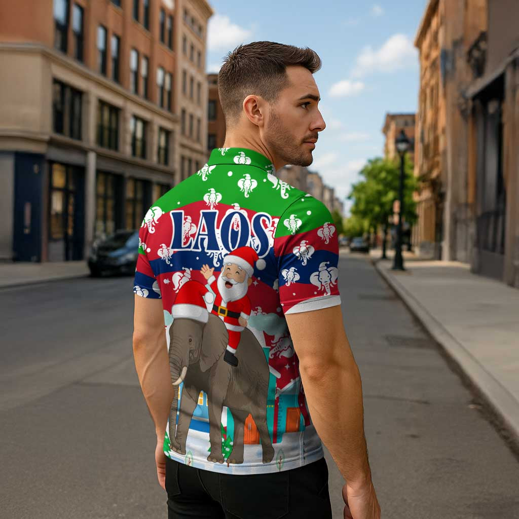 Laos Christmas Zipper Polo Shirt with Santa Riding Elephant and Festive Flag Pattern - Wonder Print Shop