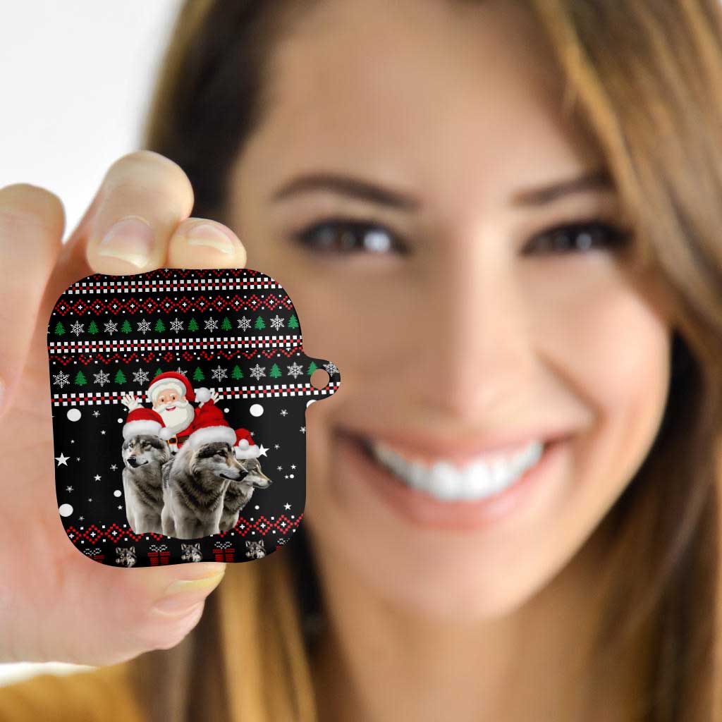 Latvia Christmas AirPods Case with Santa Claus and Wolves in Holiday Pattern Design - Wonder Print Shop
