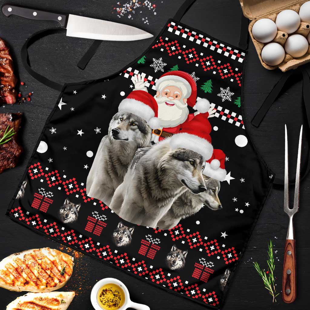 Latvia Christmas Apron with Santa Claus and Wolves in Holiday Pattern Design - Wonder Print Shop