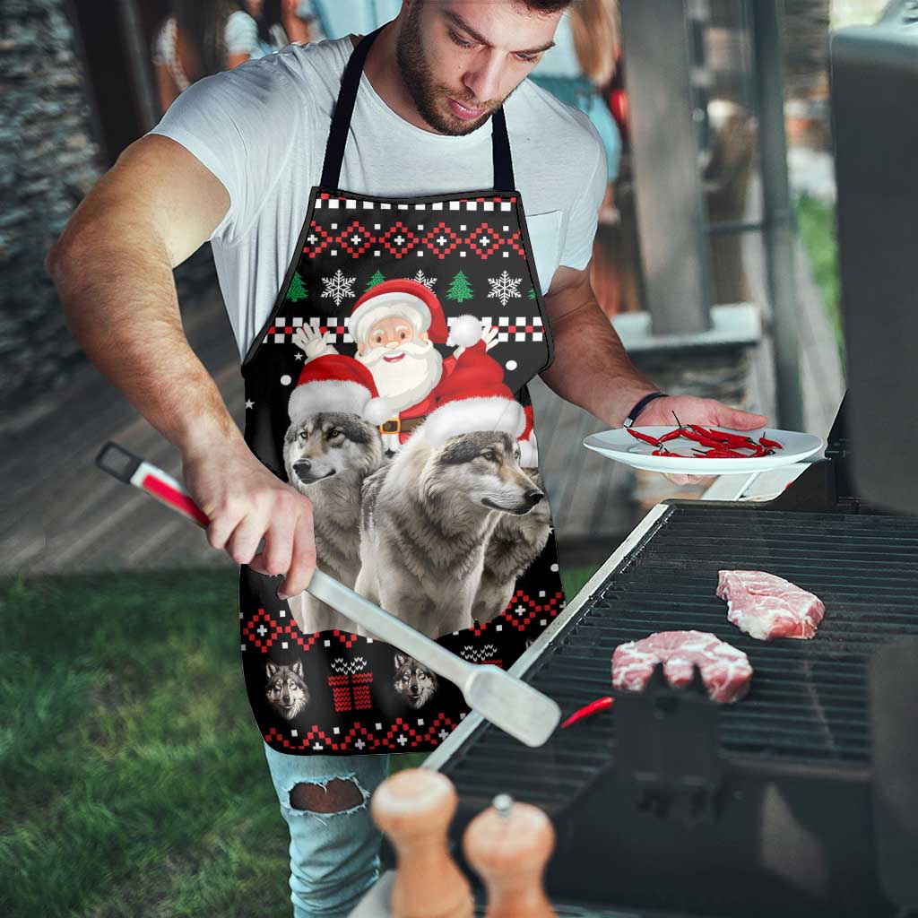 Latvia Christmas Apron with Santa Claus and Wolves in Holiday Pattern Design - Wonder Print Shop