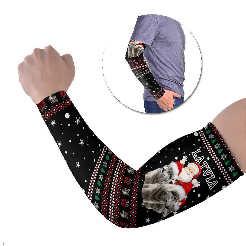 Latvia Christmas Arm Sleeves with Santa Claus and Wolves in Holiday Pattern Design - Wonder Print Shop