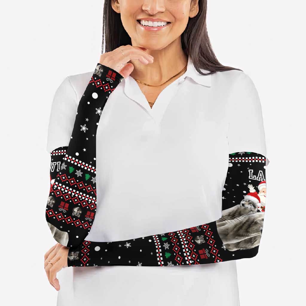 Latvia Christmas Arm Sleeves with Santa Claus and Wolves in Holiday Pattern Design - Wonder Print Shop