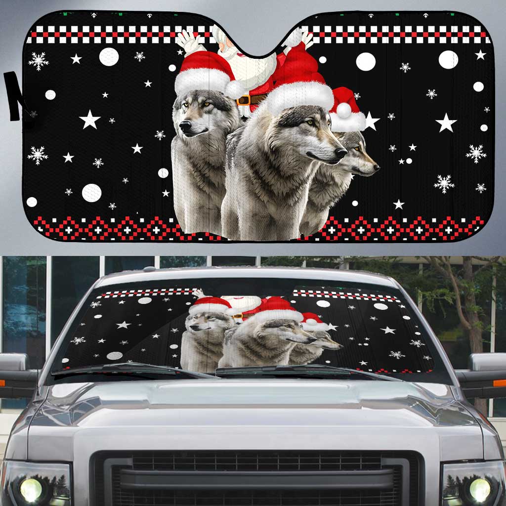 Latvia Christmas Auto Sun Shade with Santa Claus and Wolves in Holiday Pattern Design - Wonder Print Shop