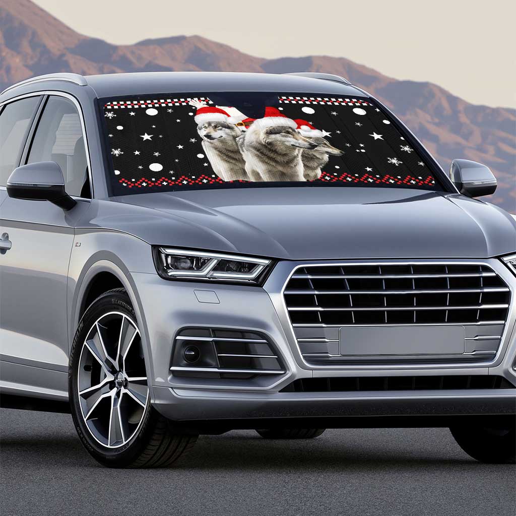 Latvia Christmas Auto Sun Shade with Santa Claus and Wolves in Holiday Pattern Design - Wonder Print Shop