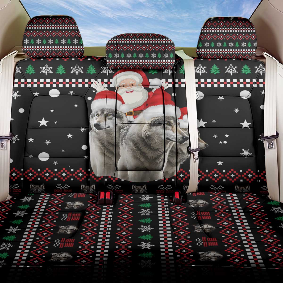 Latvia Christmas Back Car Seat Cover with Santa Claus and Wolves in Holiday Pattern Design - Wonder Print Shop
