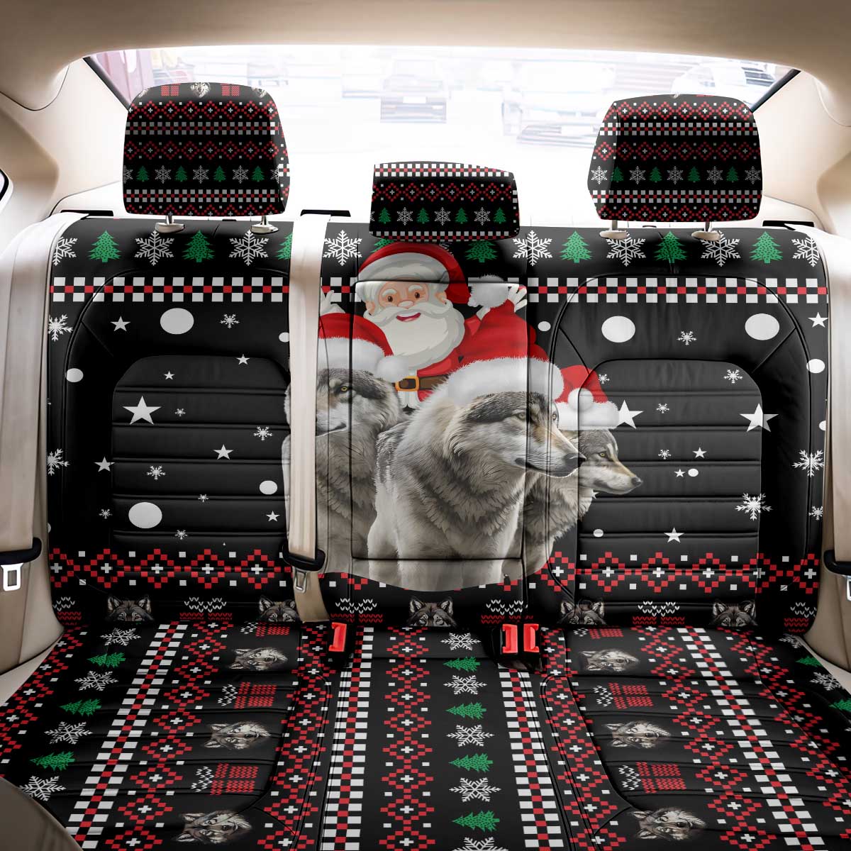Latvia Christmas Back Car Seat Cover with Santa Claus and Wolves in Holiday Pattern Design - Wonder Print Shop