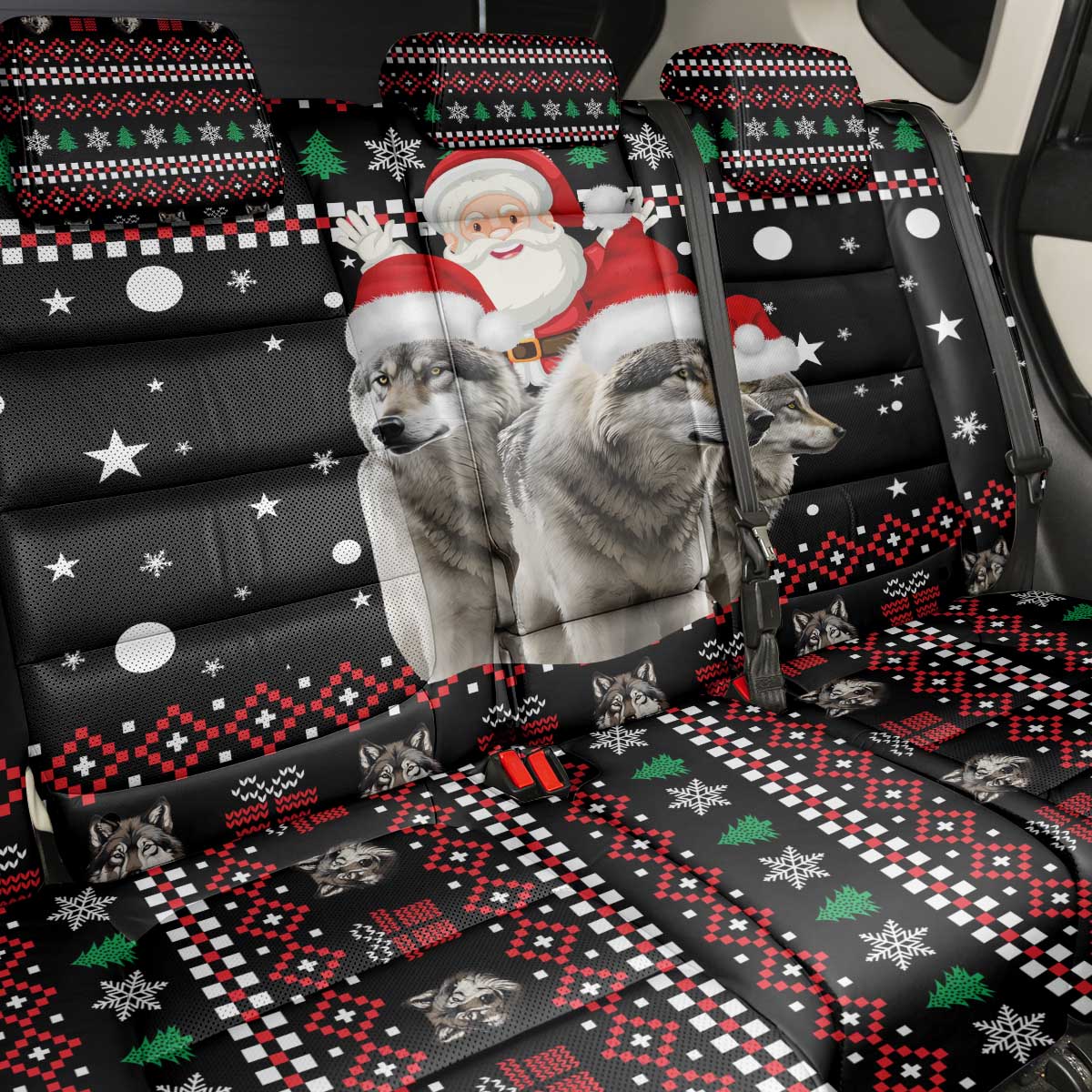 Latvia Christmas Back Car Seat Cover with Santa Claus and Wolves in Holiday Pattern Design - Wonder Print Shop