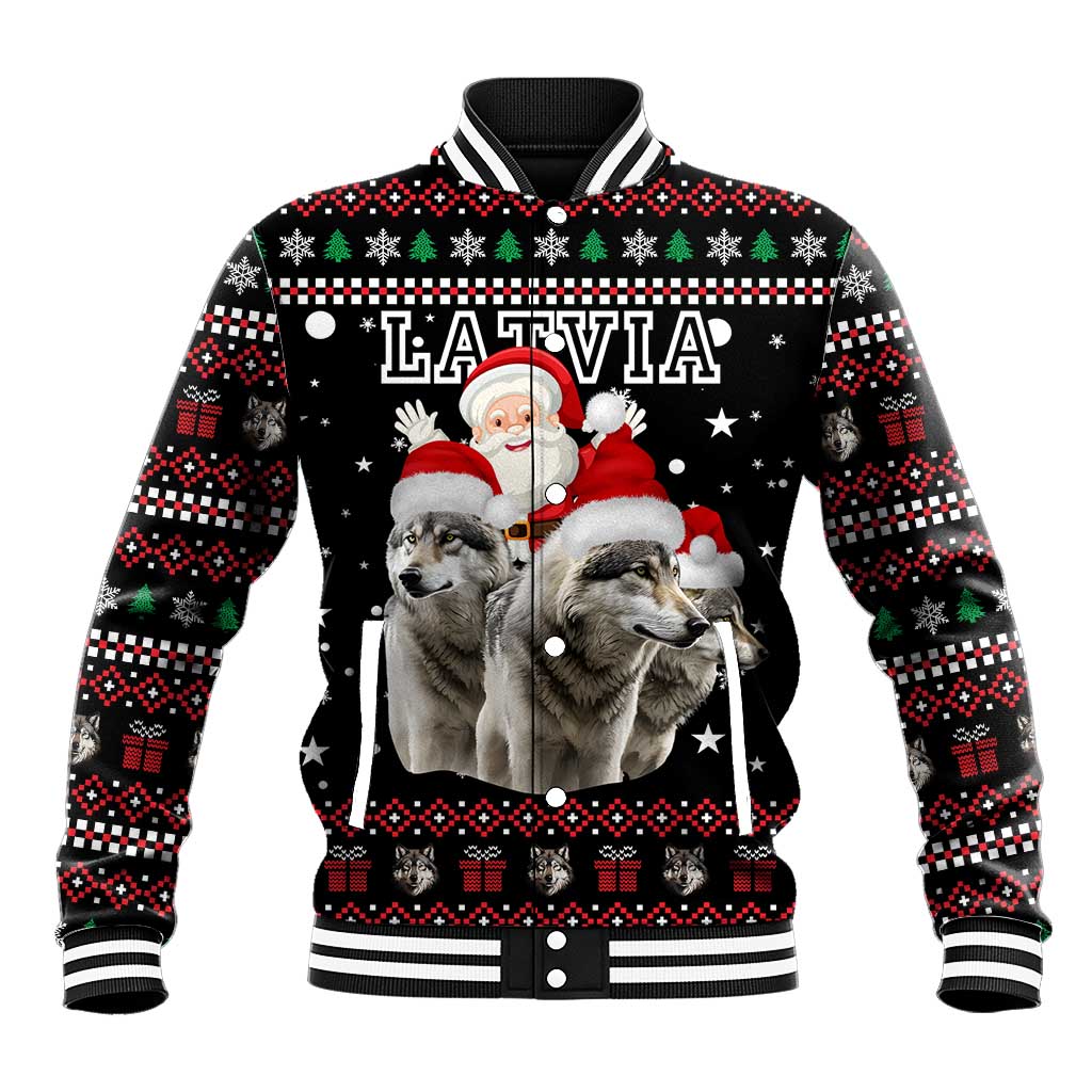 Latvia Christmas Baseball Jacket with Santa Claus and Wolves in Holiday Pattern Design - Wonder Print Shop