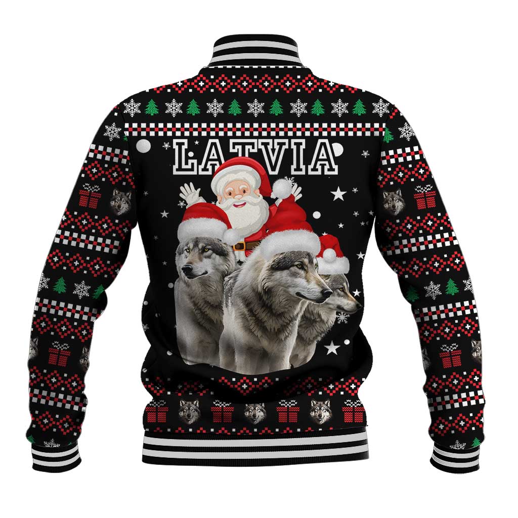 Latvia Christmas Baseball Jacket with Santa Claus and Wolves in Holiday Pattern Design - Wonder Print Shop