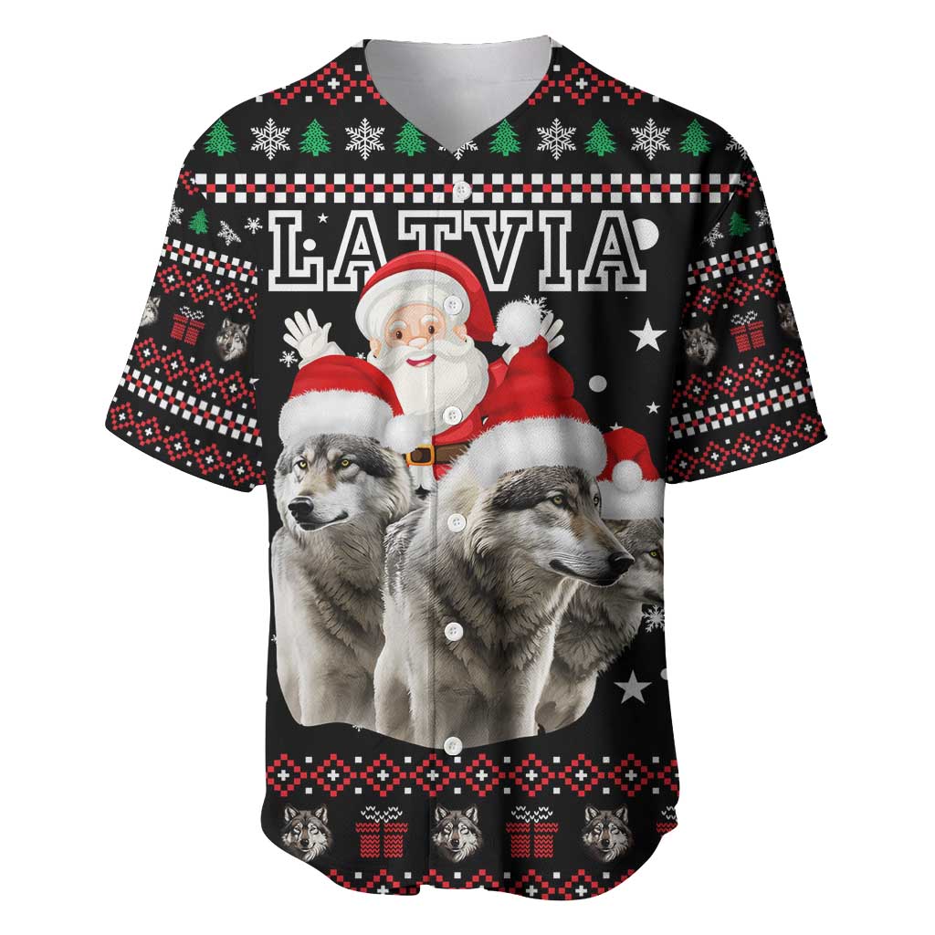 Latvia Christmas Baseball Jersey with Santa Claus and Wolves in Holiday Pattern Design - Wonder Print Shop