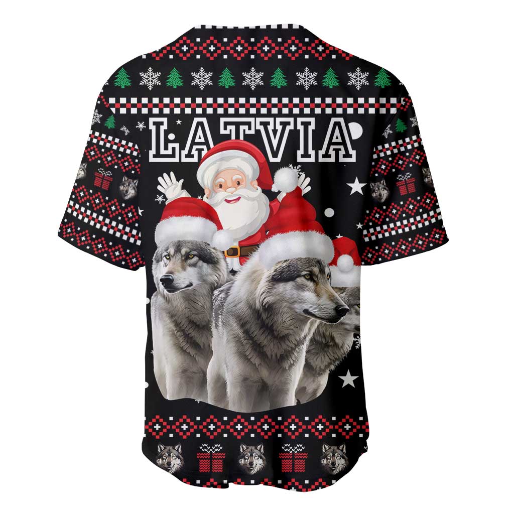 Latvia Christmas Baseball Jersey with Santa Claus and Wolves in Holiday Pattern Design - Wonder Print Shop