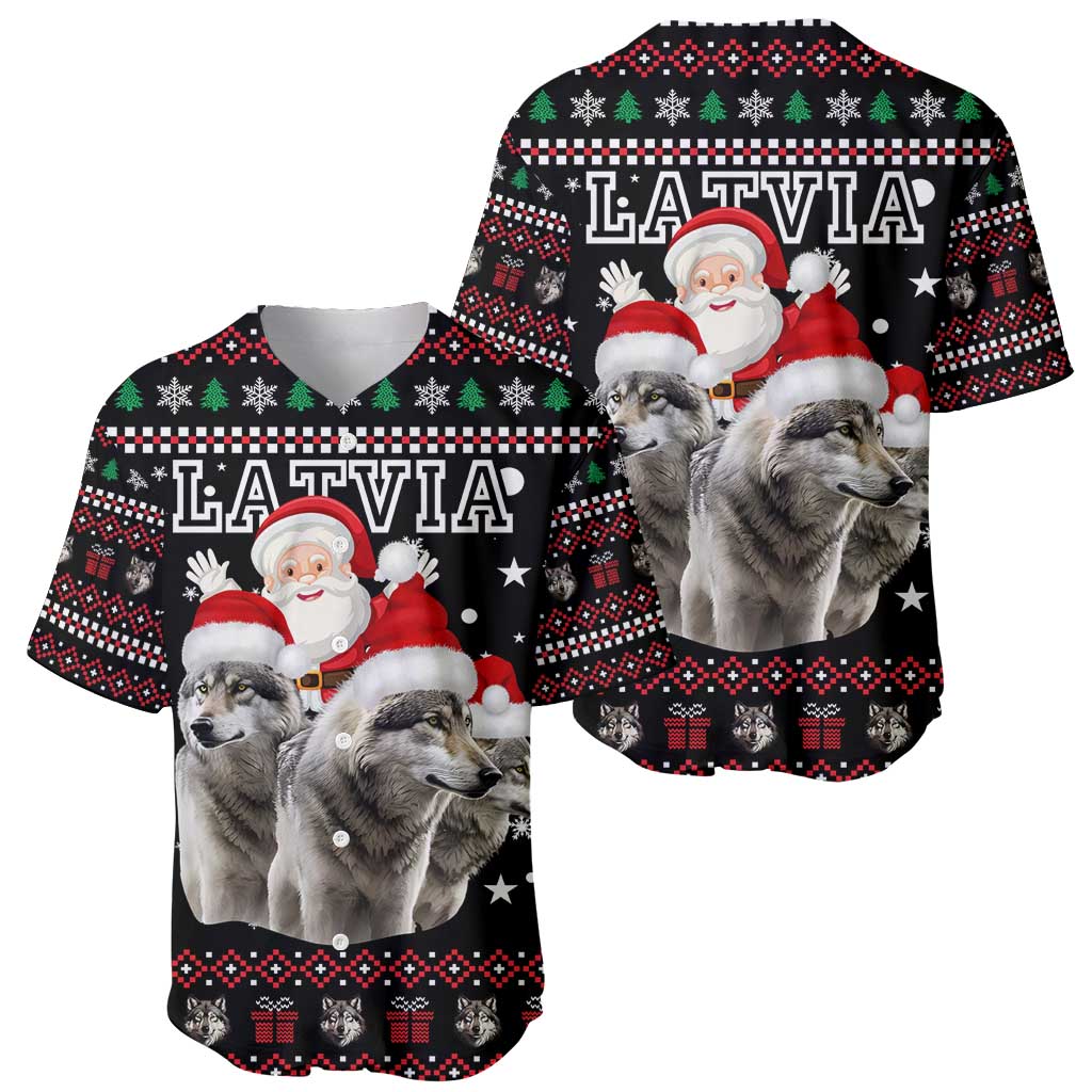 Latvia Christmas Baseball Jersey with Santa Claus and Wolves in Holiday Pattern Design - Wonder Print Shop