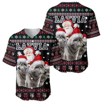 Latvia Christmas Baseball Jersey with Santa Claus and Wolves in Holiday Pattern Design - Wonder Print Shop
