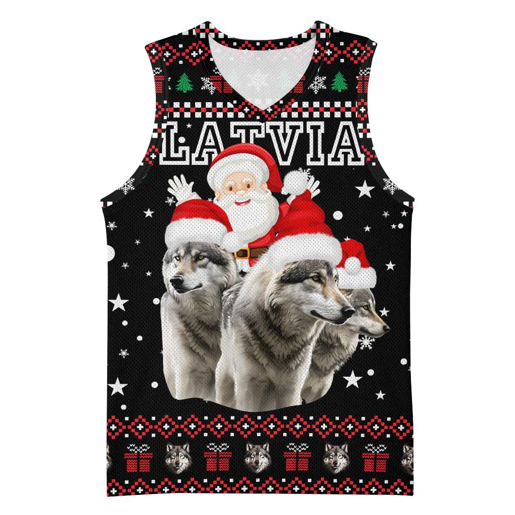 Latvia Christmas Basketball Jersey with Santa Claus and Wolves in Holiday Pattern Design - Wonder Print Shop