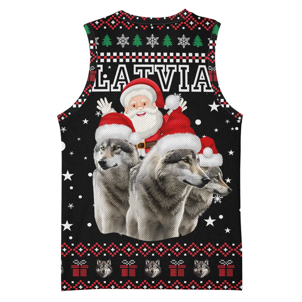 Latvia Christmas Basketball Jersey with Santa Claus and Wolves in Holiday Pattern Design - Wonder Print Shop