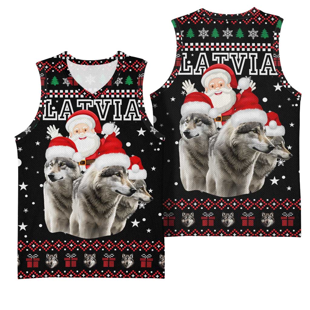 Latvia Christmas Basketball Jersey with Santa Claus and Wolves in Holiday Pattern Design - Wonder Print Shop