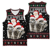 Latvia Christmas Basketball Jersey with Santa Claus and Wolves in Holiday Pattern Design - Wonder Print Shop