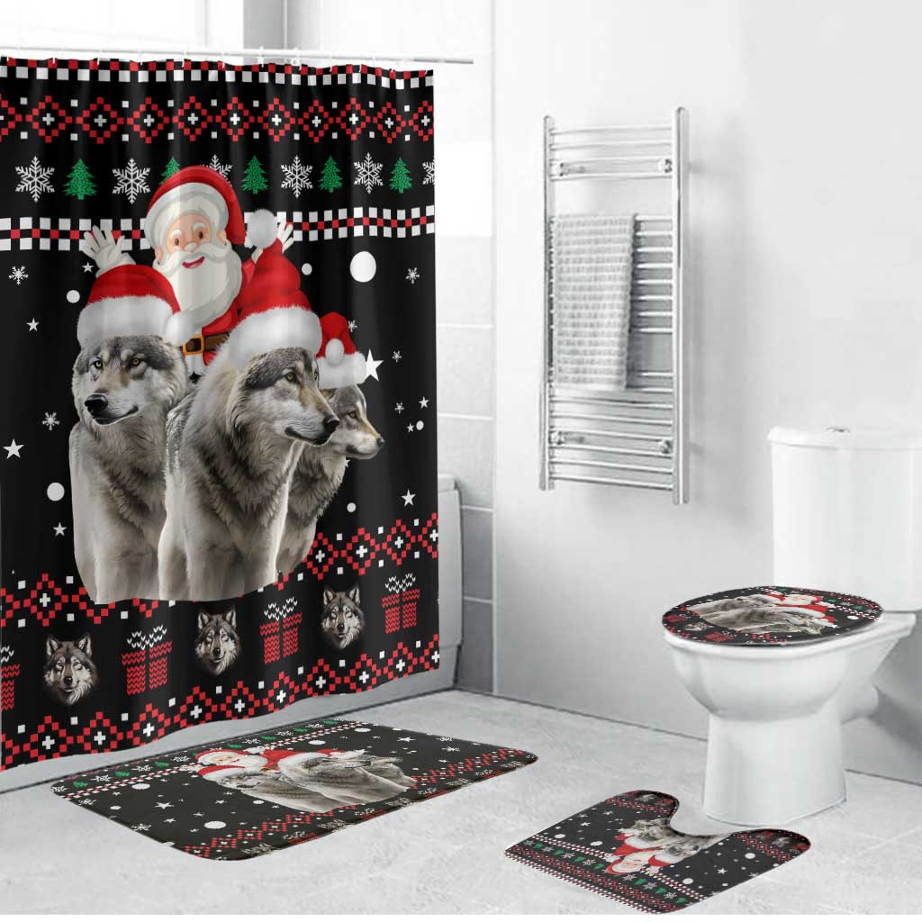Latvia Christmas Bathroom Set with Santa Claus and Wolves in Holiday Pattern Design - Wonder Print Shop
