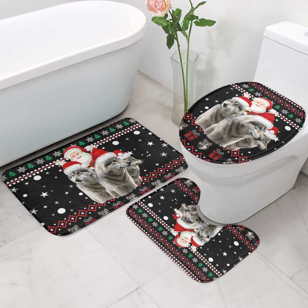 Latvia Christmas Bathroom Set with Santa Claus and Wolves in Holiday Pattern Design - Wonder Print Shop