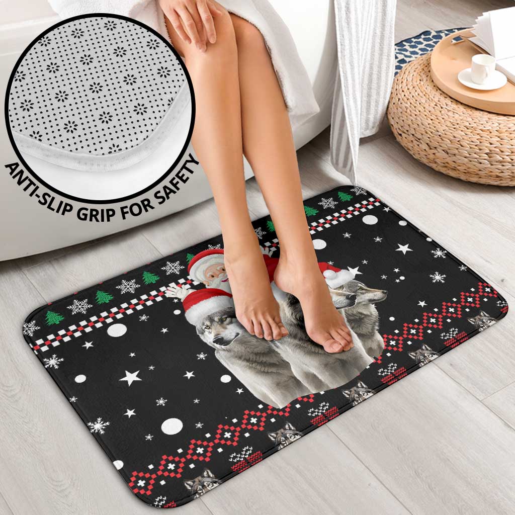 Latvia Christmas Bathroom Set with Santa Claus and Wolves in Holiday Pattern Design - Wonder Print Shop