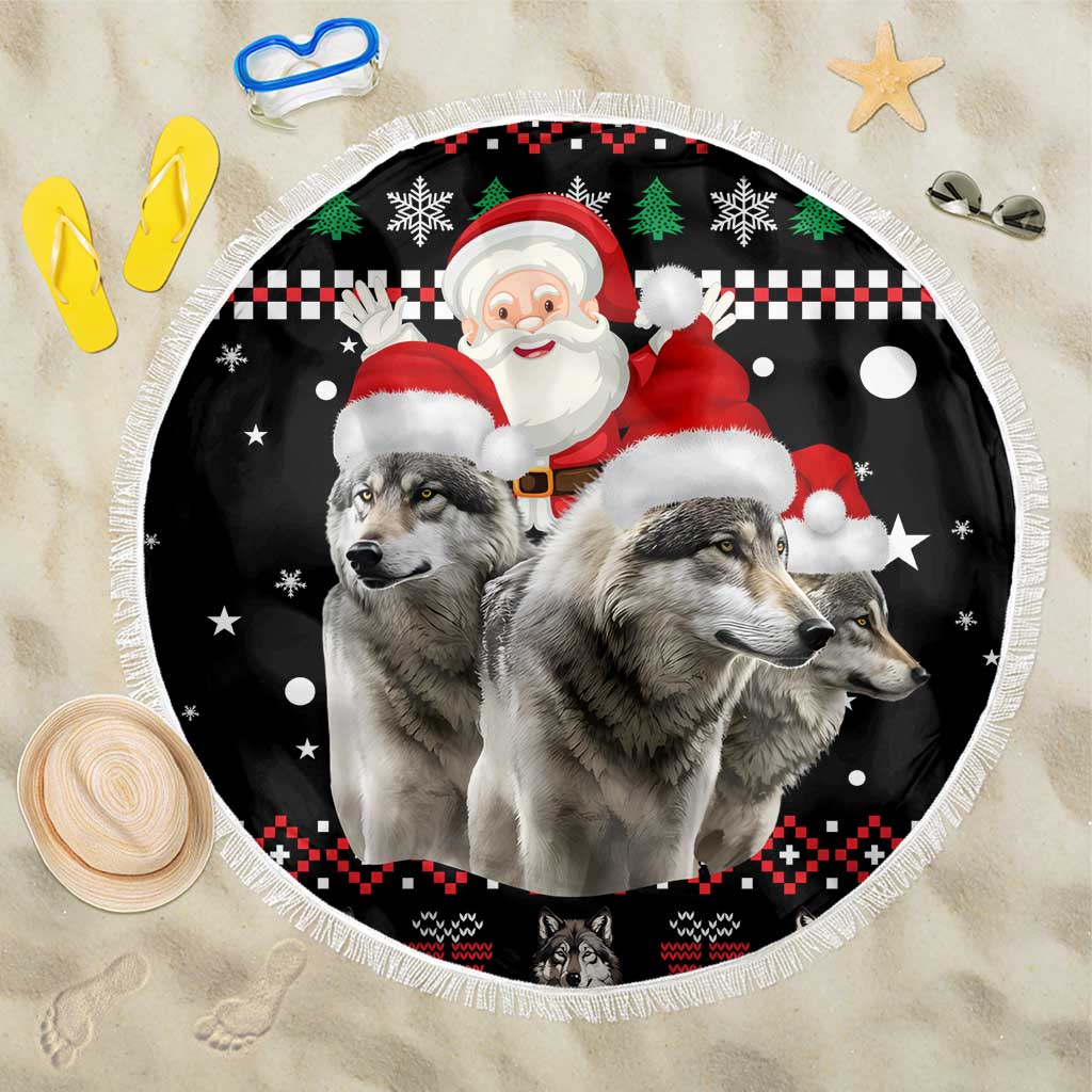 Latvia Christmas Beach Blanket with Santa Claus and Wolves in Holiday Pattern Design - Wonder Print Shop