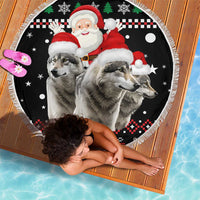Latvia Christmas Beach Blanket with Santa Claus and Wolves in Holiday Pattern Design - Wonder Print Shop