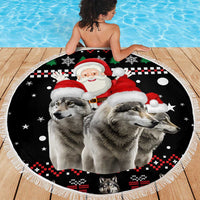 Latvia Christmas Beach Blanket with Santa Claus and Wolves in Holiday Pattern Design - Wonder Print Shop