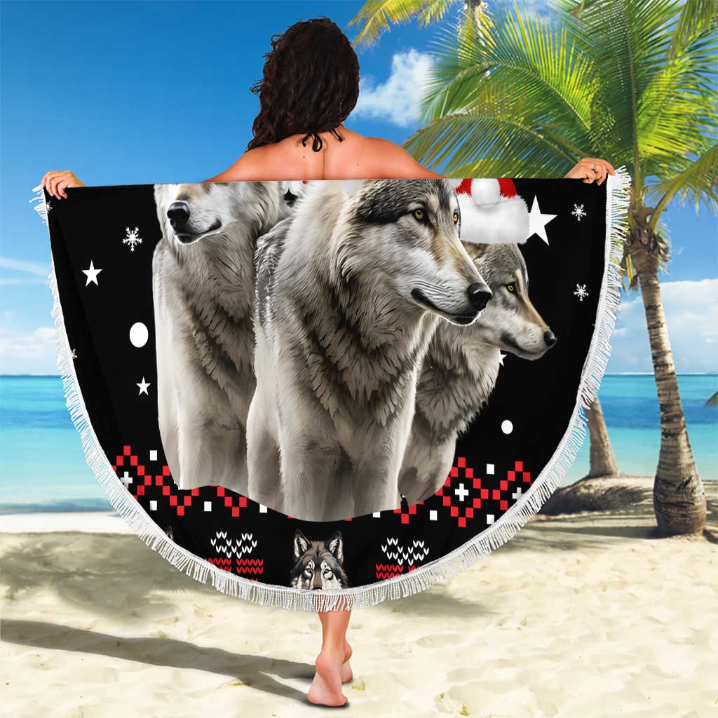 Latvia Christmas Beach Blanket with Santa Claus and Wolves in Holiday Pattern Design - Wonder Print Shop